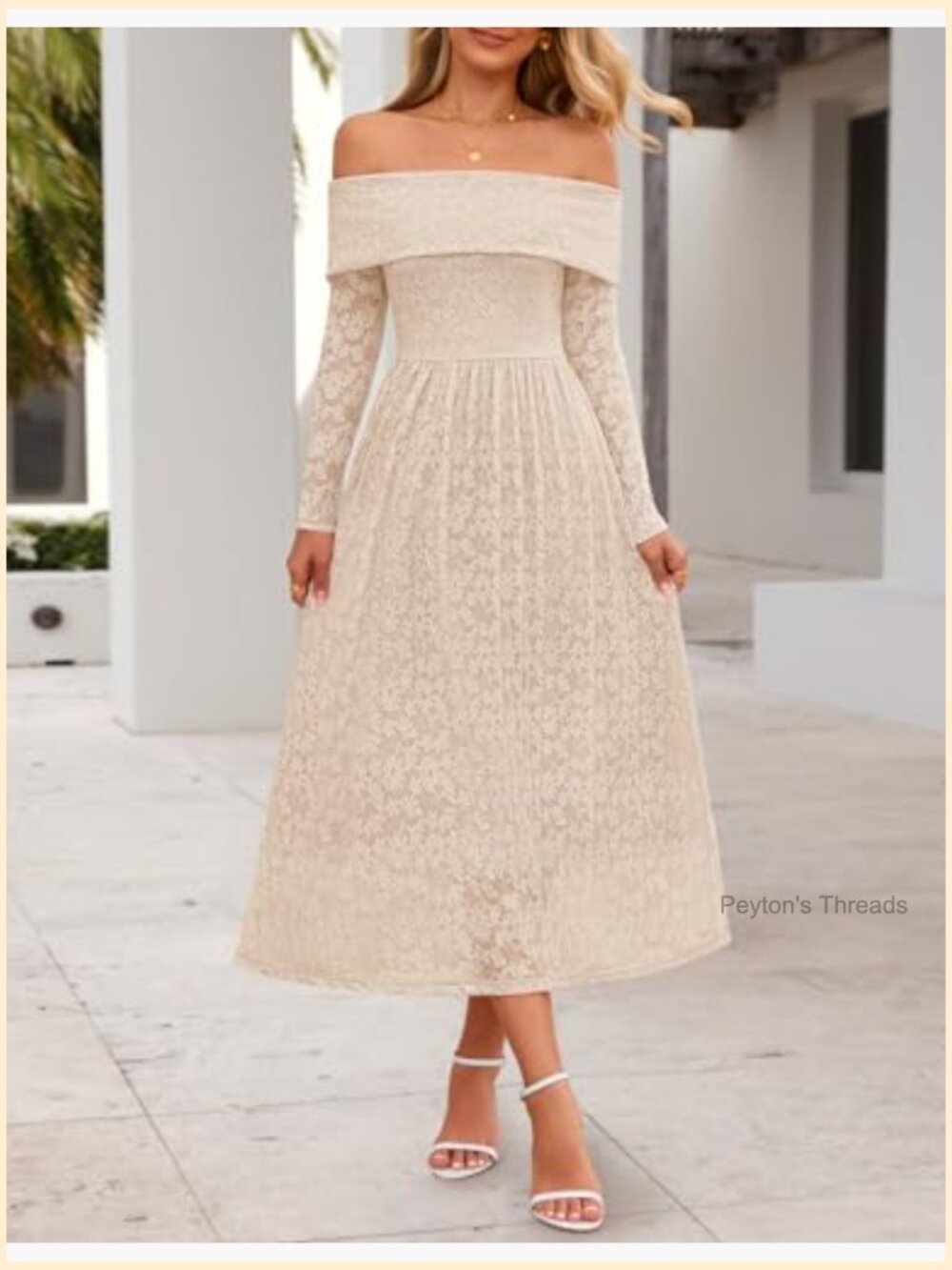 Off Shoulder Long Sleeve Floral Midi Dress A-Line Flowy Wedding Guest Formal - Picture 2 of 7